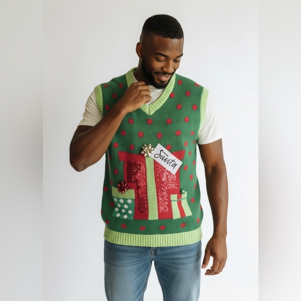 Merry Sweater Vest Mens Womens Sz XL Christmas Tree Santa Ugly Christmas Sweater